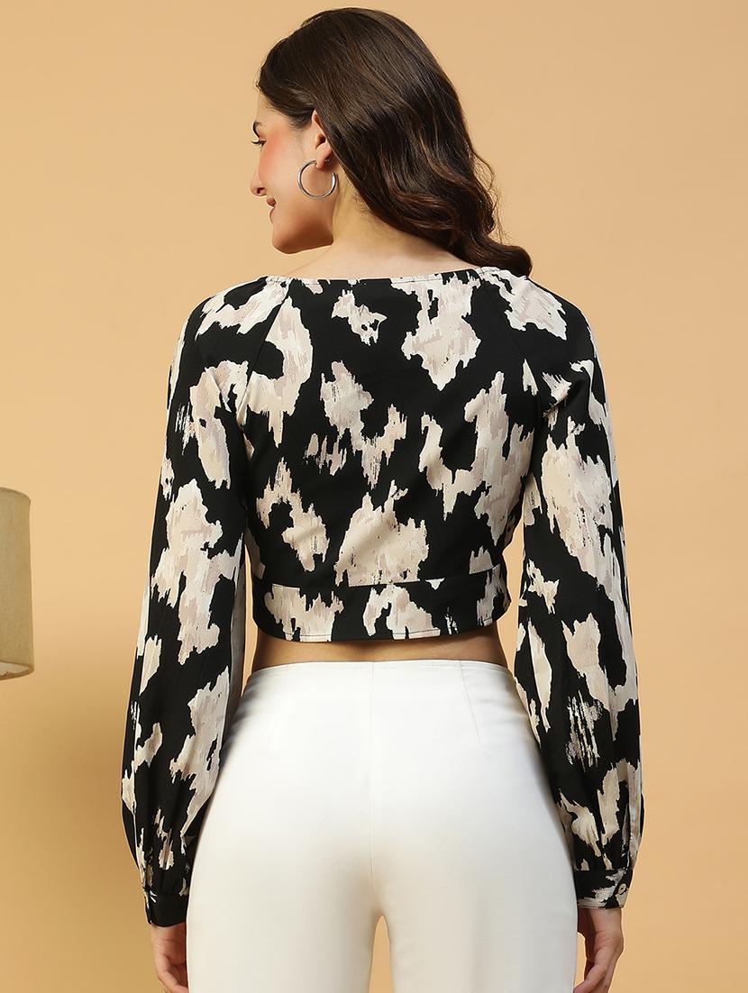 women printed long sleeves front tie crop top - 21874604 - Standard Image - 2