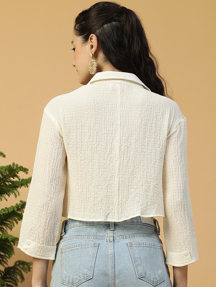 women solid collared crop shirt - 21874611 - Standard Image - 2