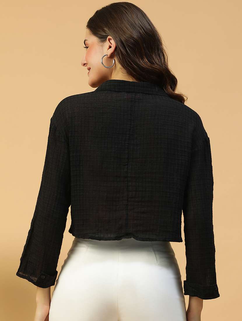 women solid long sleeves crop shirt - 21874613 -  Standard Image - 2