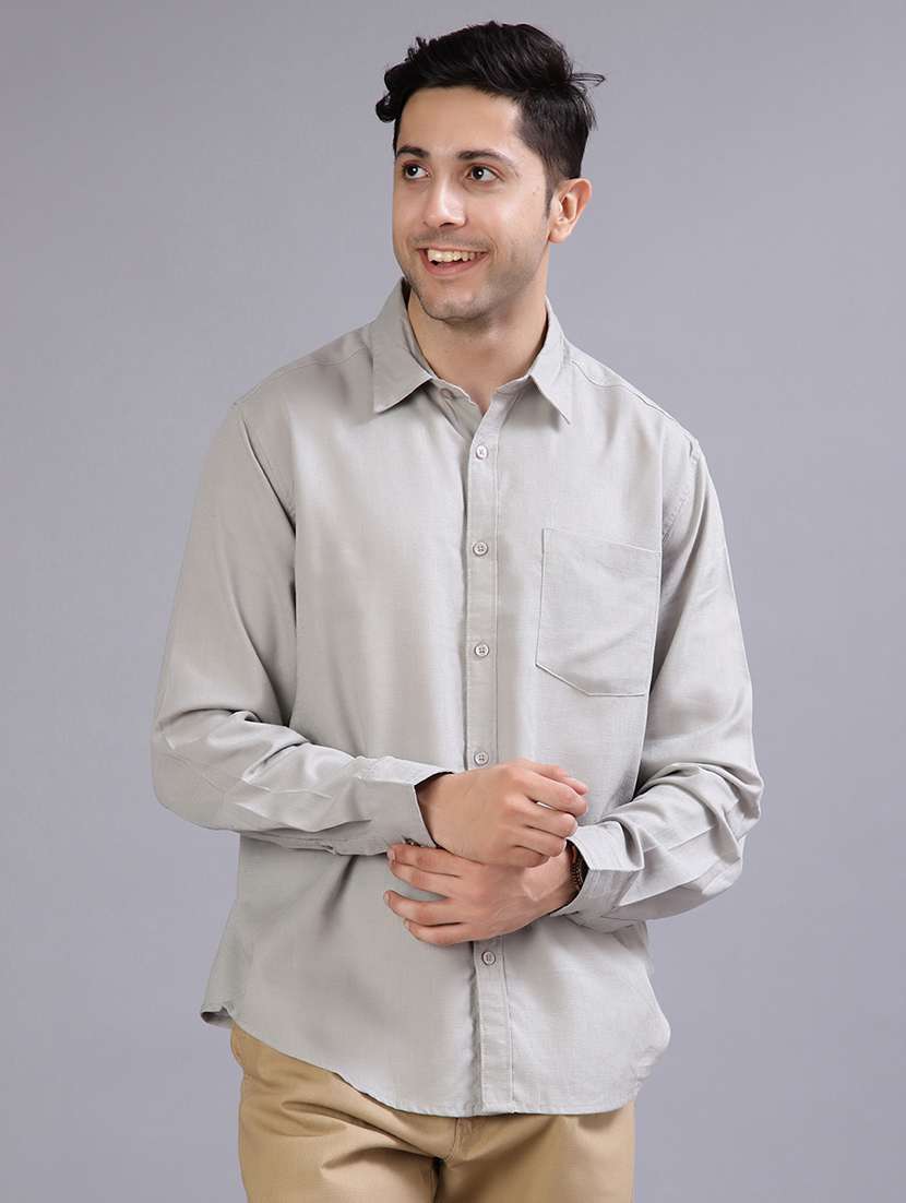 men solid collared long sleeve casual shirt