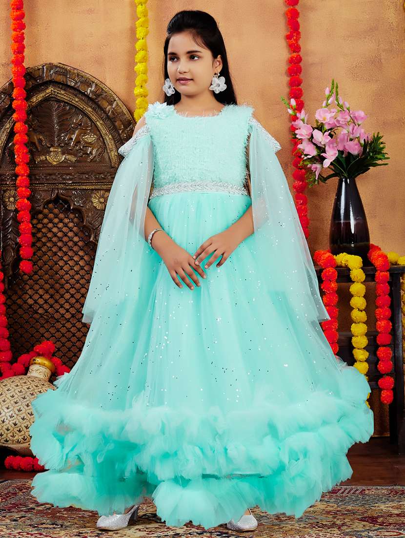 girls solid with work round neck embellished party gown - 21874755 -  Zoom Image - 0