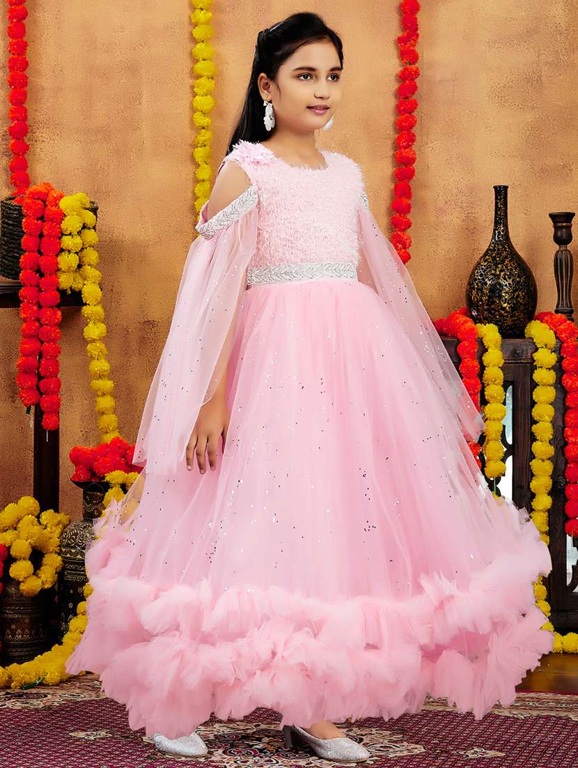 girls solid with work round neck embellished party gown - 21874756 -  Standard Image - 2