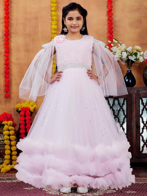 girls solid with work round neck embellished party gown - 21874757 - Standard Image - 0
