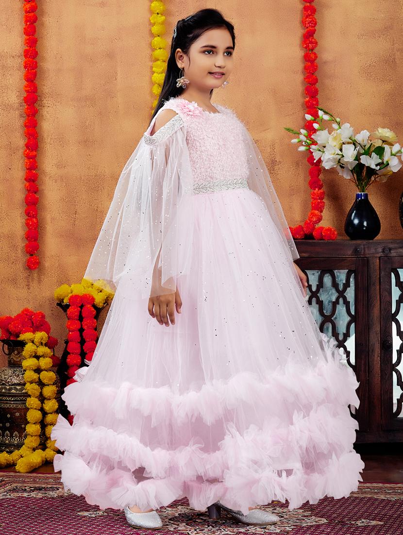 girls solid with work round neck embellished party gown - 21874757 - Standard Image - 2