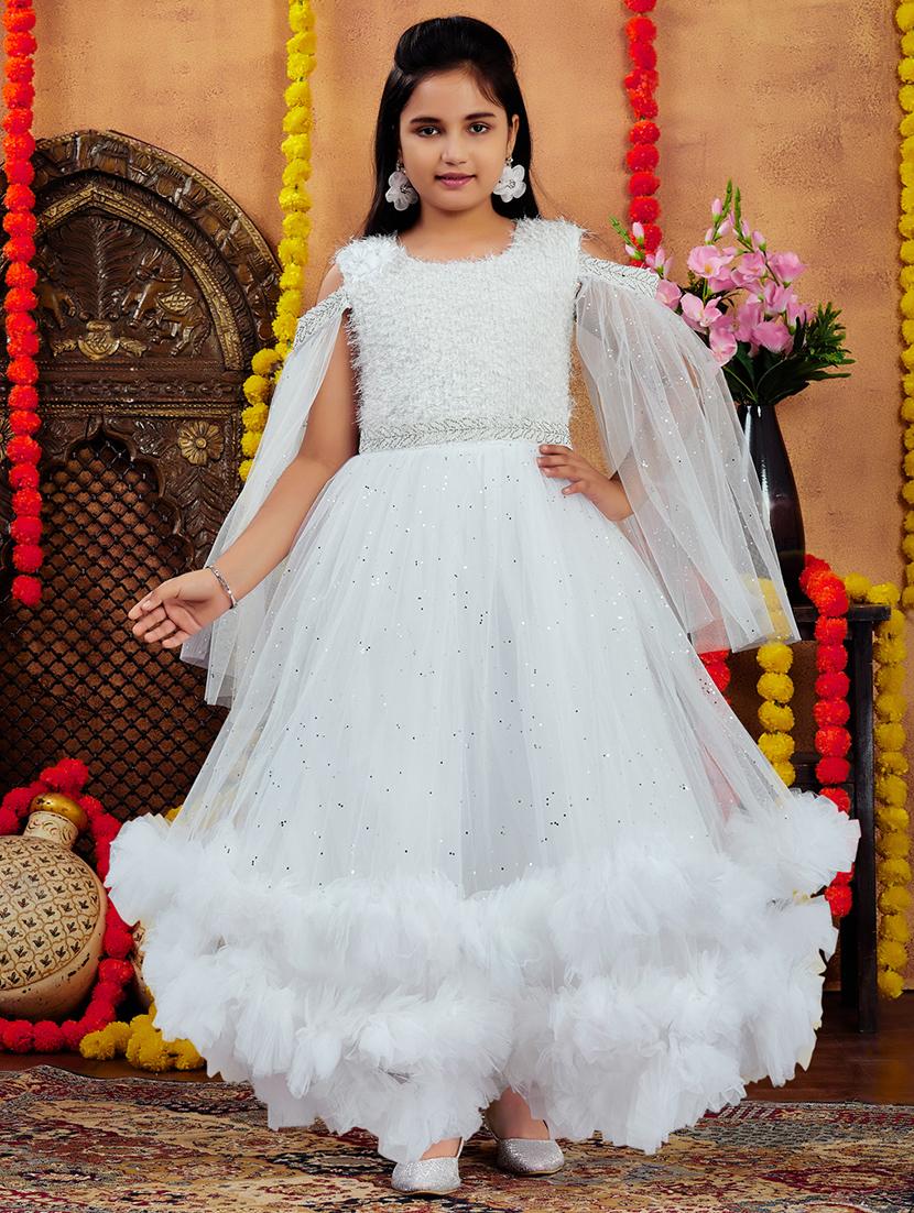 girls solid with work round neck embellished party gown - 21874758 -  Zoom Image - 0