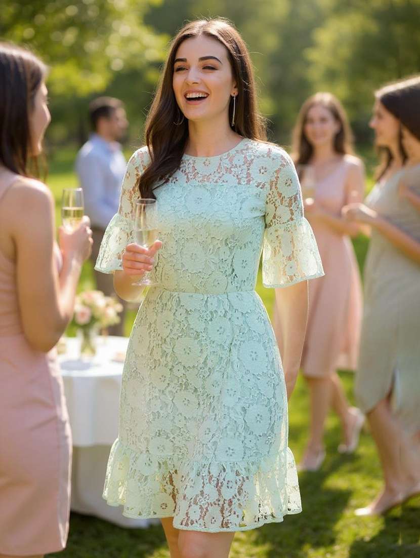 women solid lace detailed tiered dress