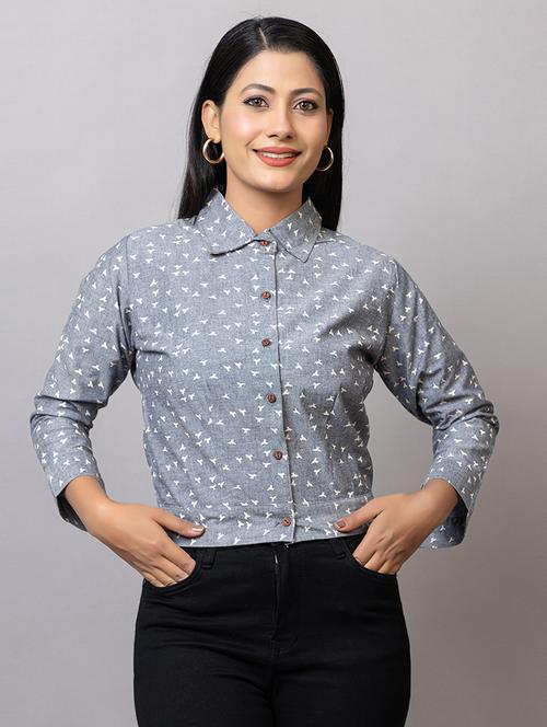 women printed collared crop shirt - 21874774 - Standard Image - 0