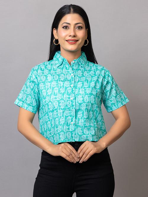 women printed collared crop shirt - 21874777 - Standard Image - 0