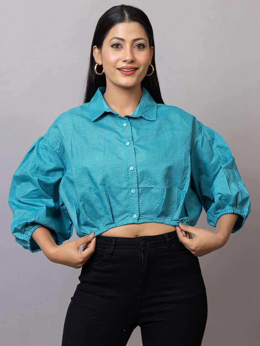 women chevron printed puff sleeves crop shirt
