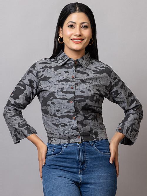 women camouflage printed collared crop shirt - 21874783 -  Standard Image - 0
