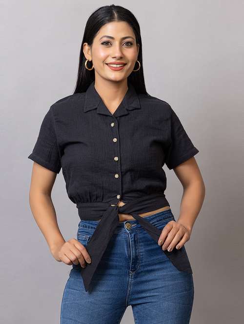 women solid short sleeves crop shirt - 21874784 - Standard Image - 0