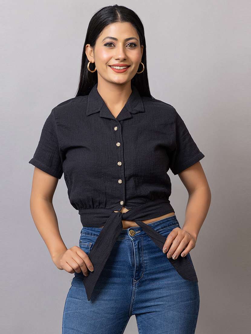 women solid short sleeves crop shirt - 21874784 - Zoom Image - 0