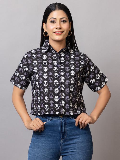 women printed short sleeves crop shirt - 21874785 - Standard Image - 0