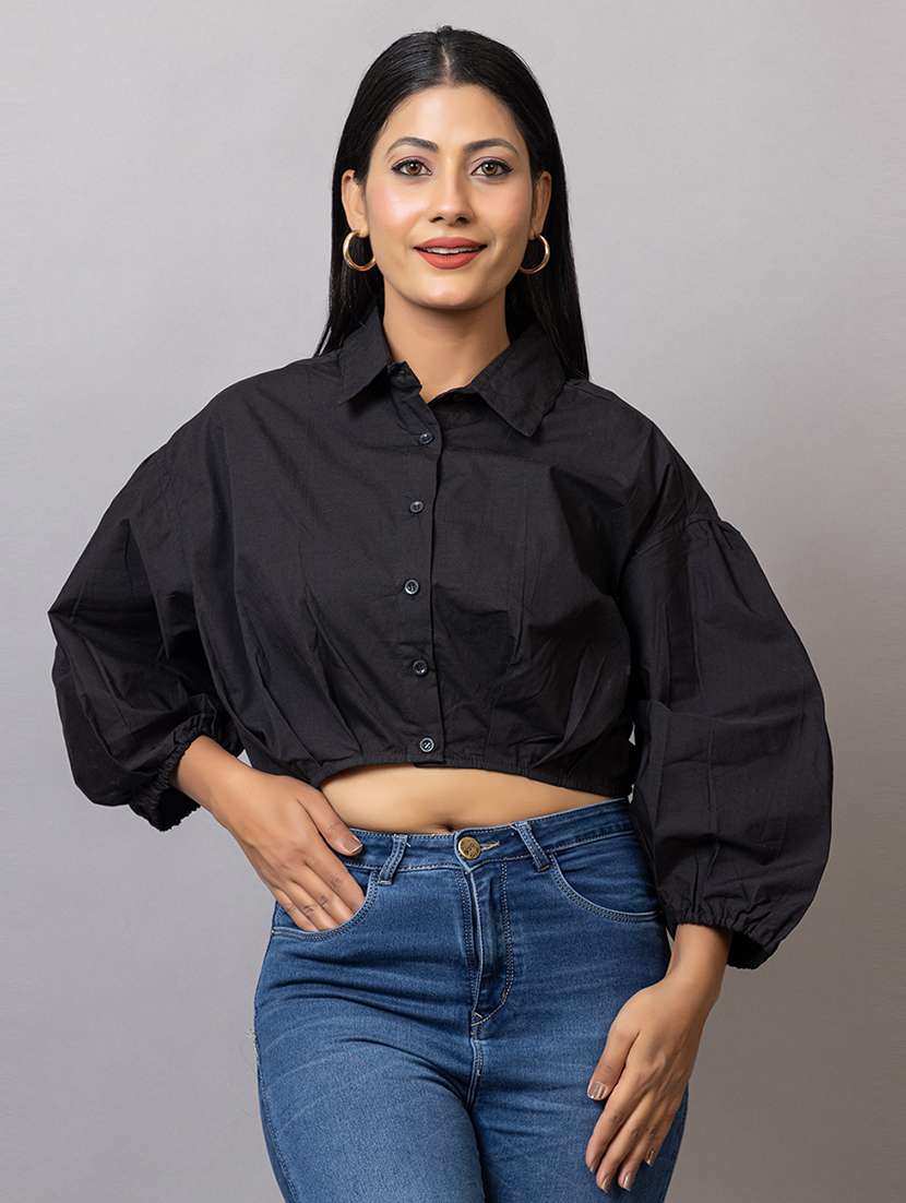 women solid puff sleeeves crop shirt - 21874786 -  Zoom Image - 0
