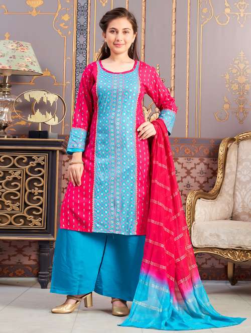 girls three quarter sleeve kurta palazzo with dupatta set - 21874813 -  Standard Image - 0