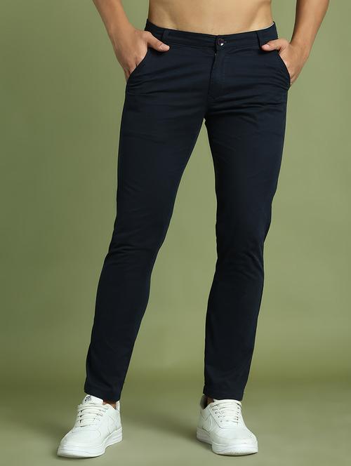 men navy blue mid rise flat front casual trouser - 21874832 - Standard Image - 0