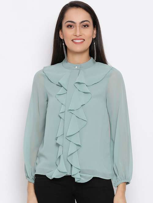 women solid long sleeves ruffled detailed regular top - 21880855 -  Standard Image - 0