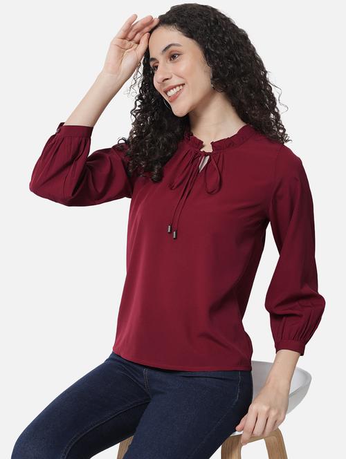 women solid tie up neck puff sleeves regular top - 21880867 -  Standard Image - 0