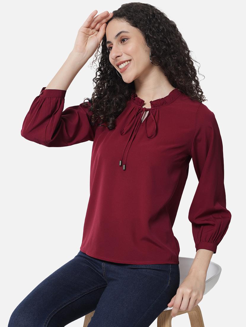 women solid tie up neck puff sleeves regular top - 21880867 -  Zoom Image - 0