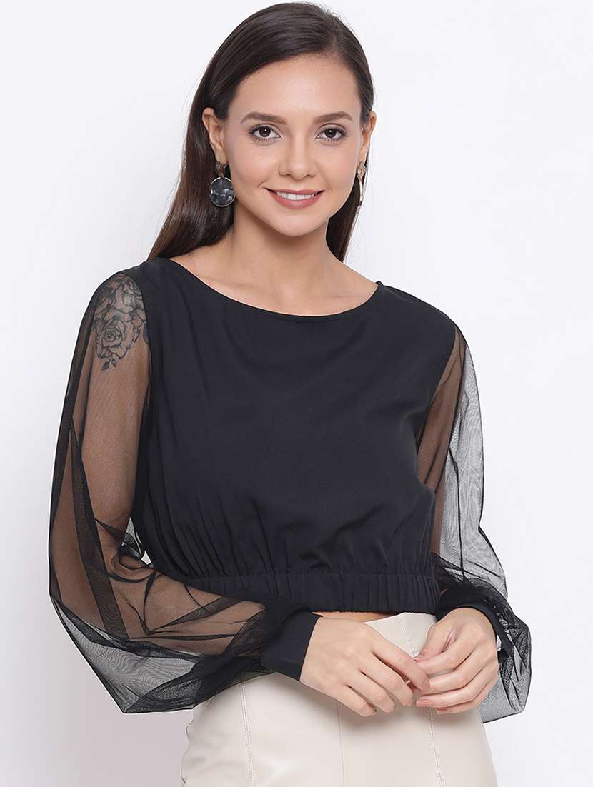 women solid puff sleeves crop top - 21880870 - Zoom Image - 0