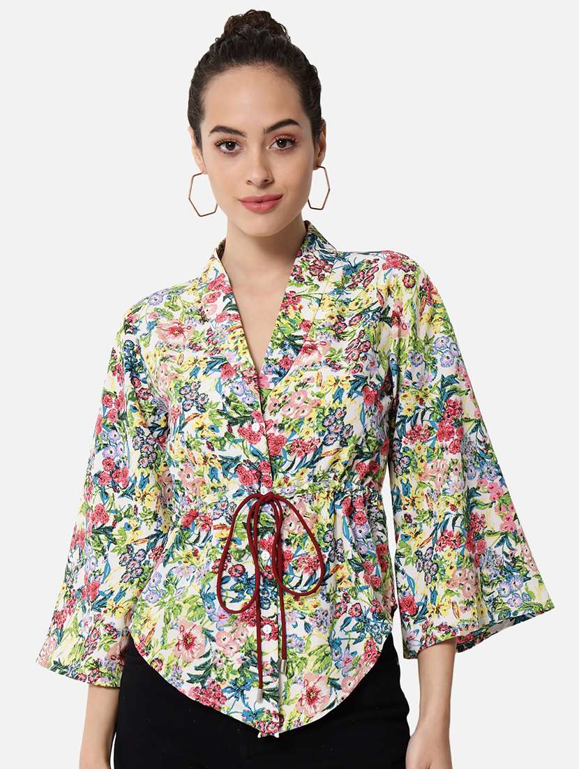 women floral print lapel neck shirt style top