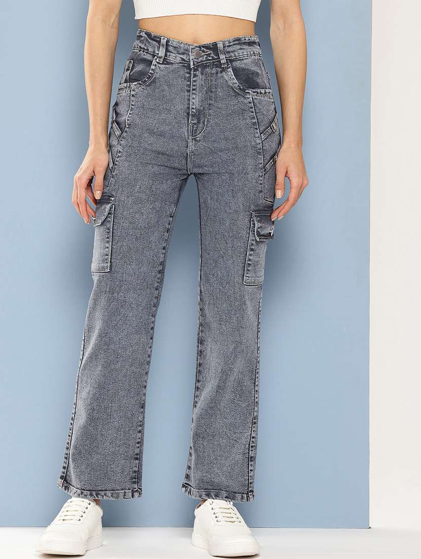 women solid high rise denim cargo