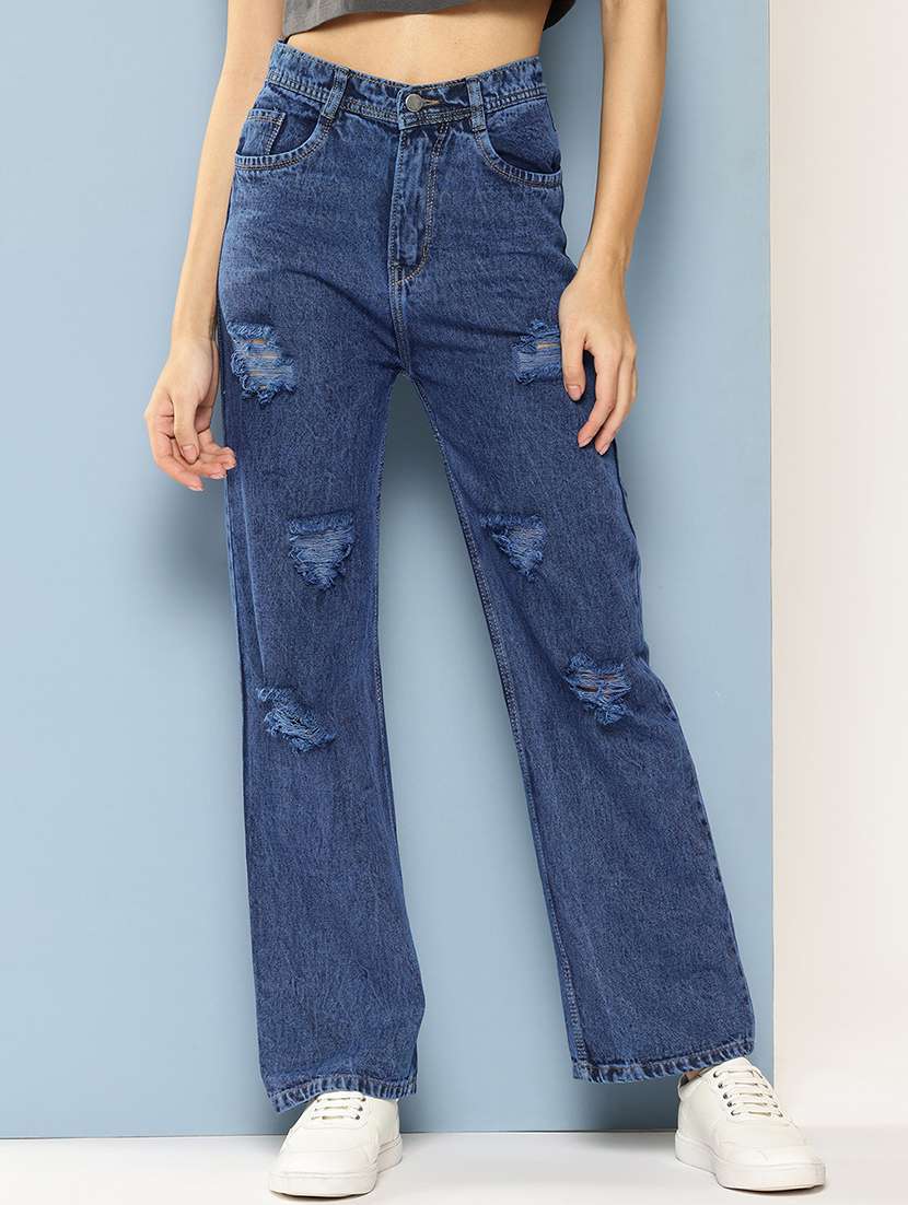 women distressed high rise straight fit jean