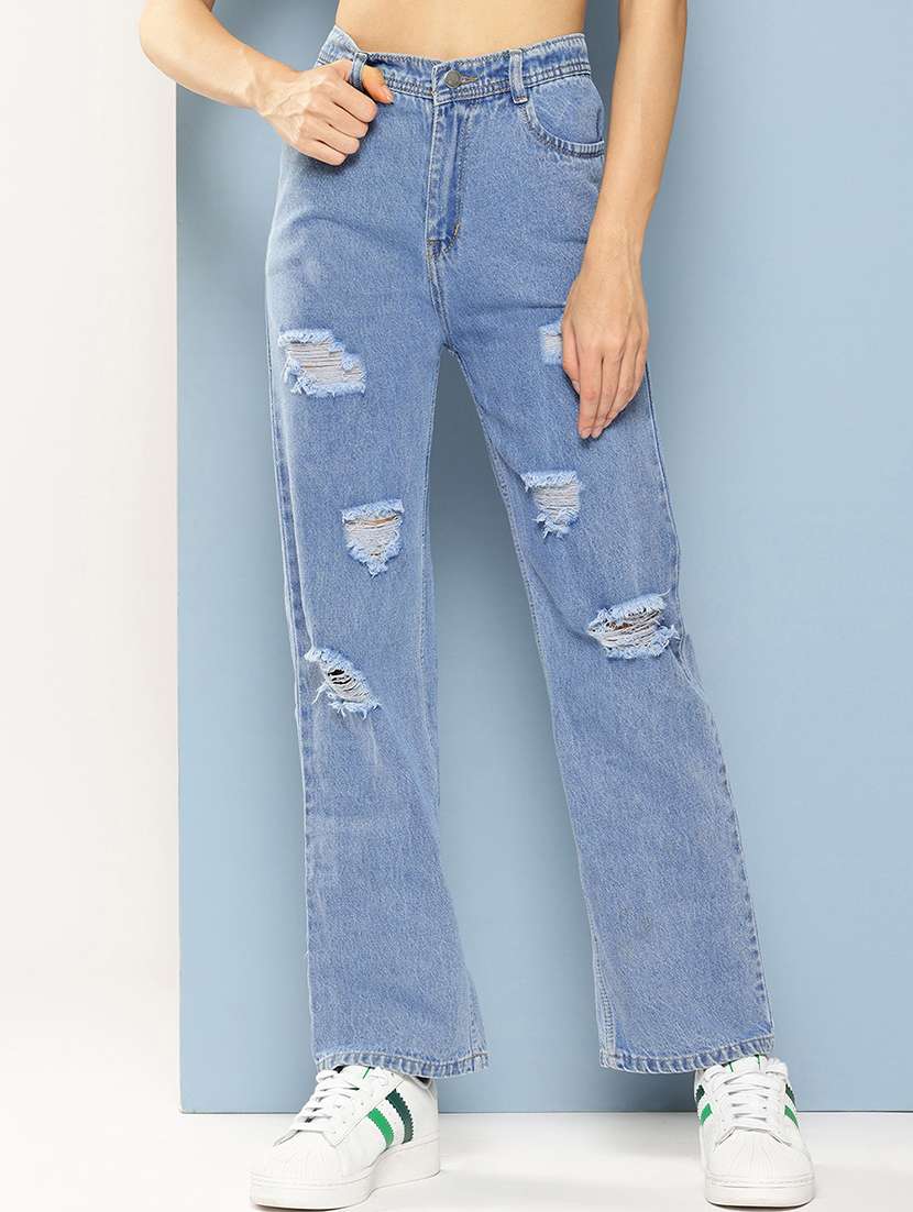 women distressed high rise straight fit jean