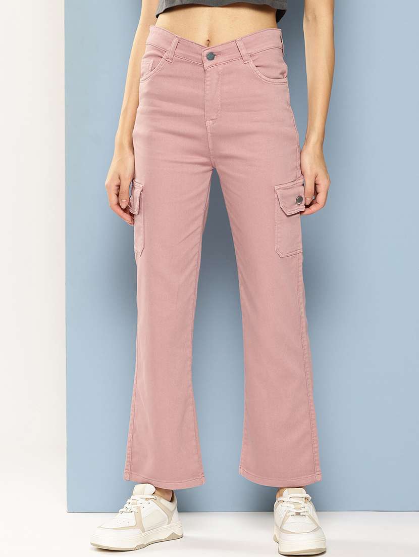 women solid mid rise denim cargo