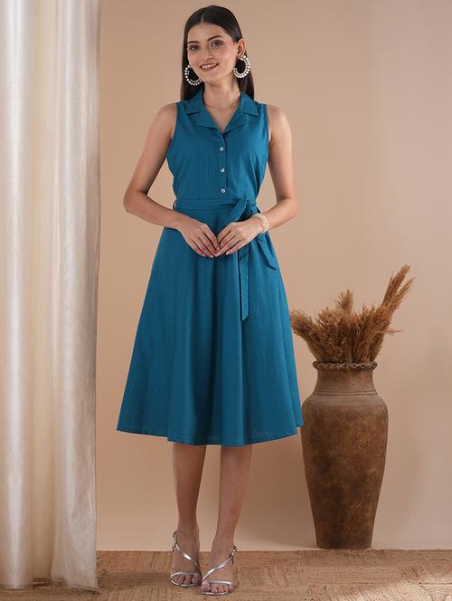 women solid lapel collar fit & flare dress - 21881112 - Standard Image - 0