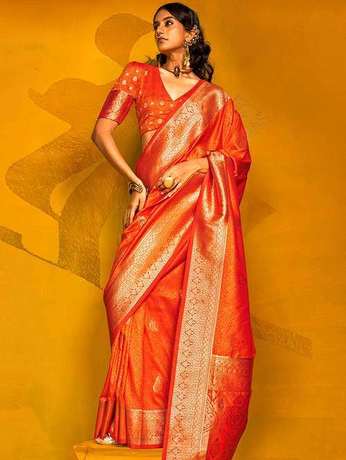 women orange banarasi saree with blouse - 21881127 -  Standard Image - 0
