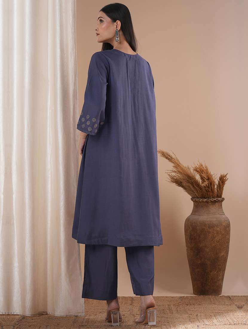women blue three quarter sleeve kurta pant set - 21881143 -  Standard Image - 2