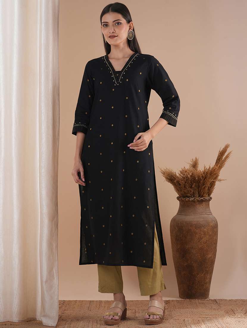 women black three quarter sleeve straight kurta - 21881157 - Zoom Image - 0