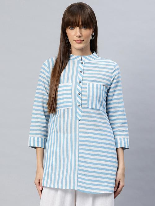 women striped three quarter sleeves a-line top - 21881201 -  Standard Image - 0