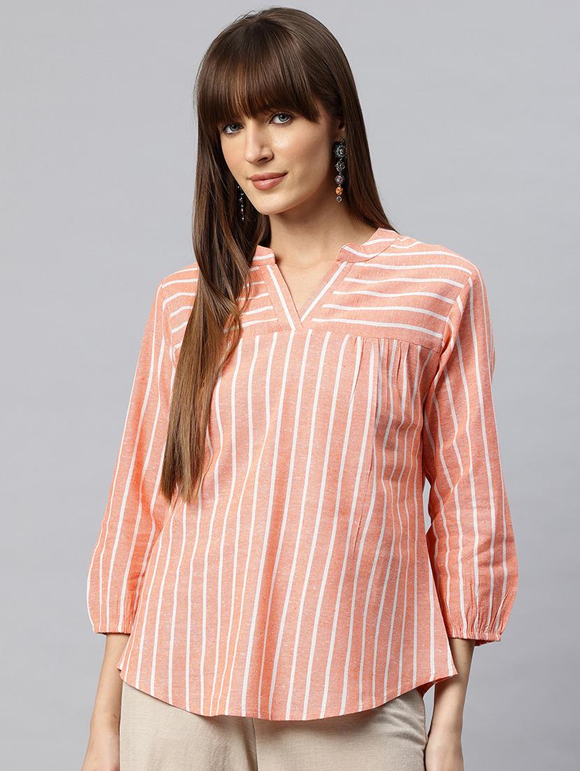 women striped mandarin neck regular top - 21881204 - Zoom Image - 0