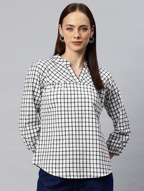 women checkered mandarin neck regular top - 21881206 - Standard Image - 0