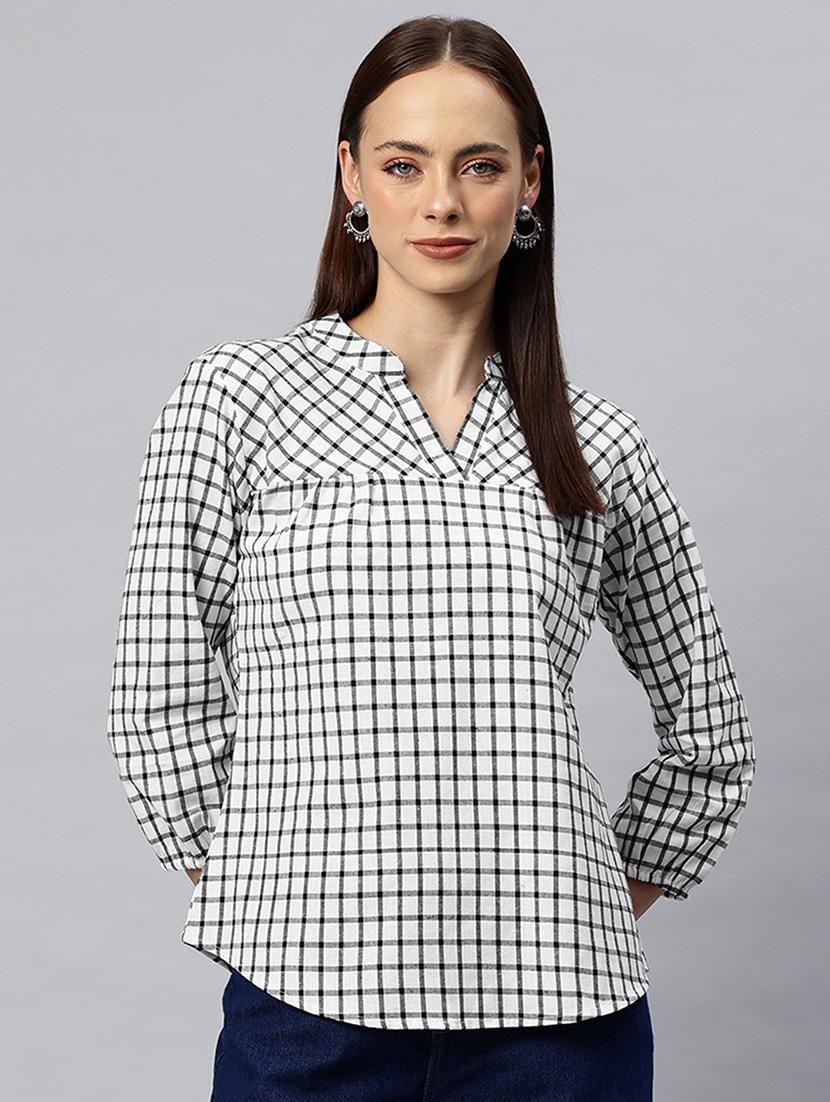 women checkered mandarin neck regular top - 21881206 - Zoom Image - 0