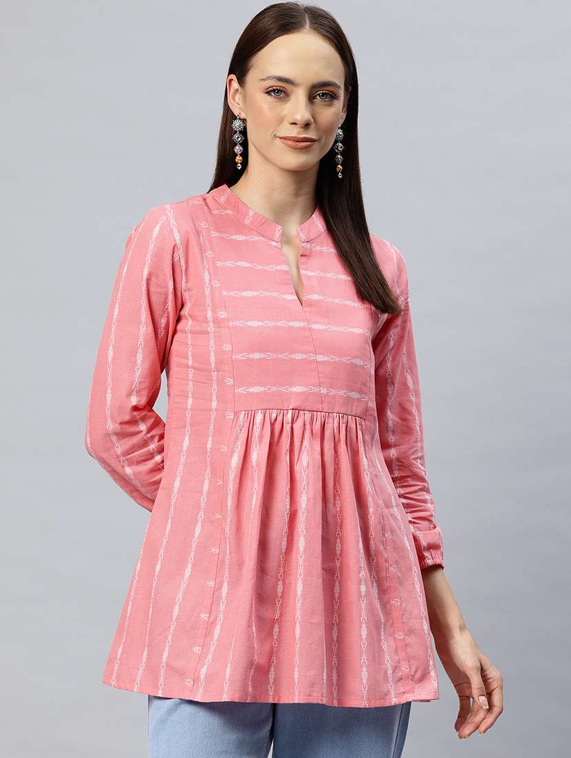 women self designed mandarin neck flared kurti