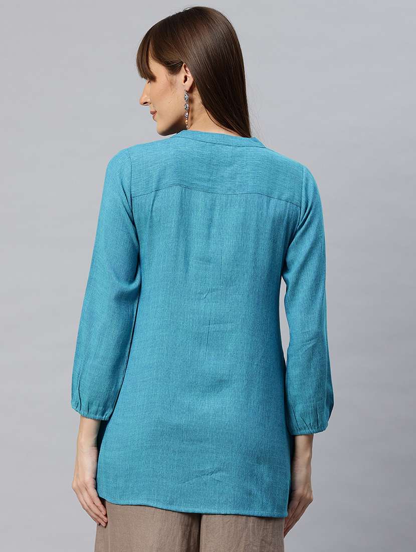 women solid mandarin neck flared kurti - 21881212 -  Standard Image - 2