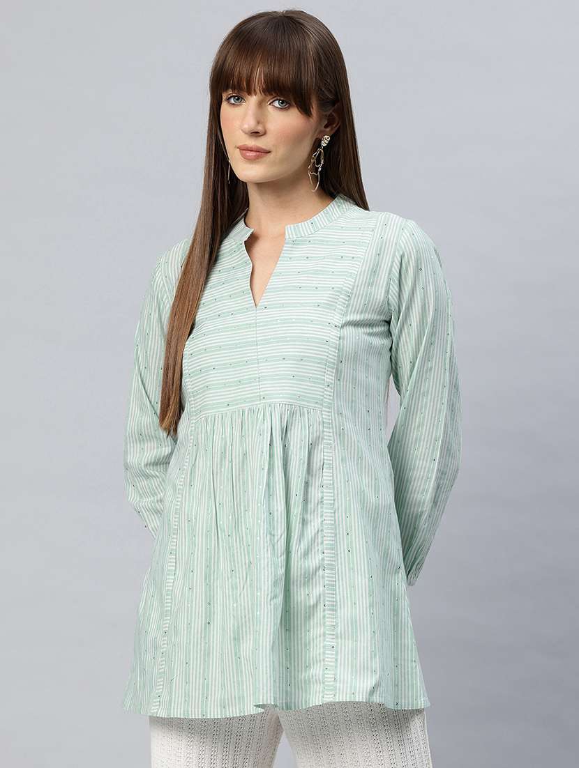 women striped mandarin neck flared kurti