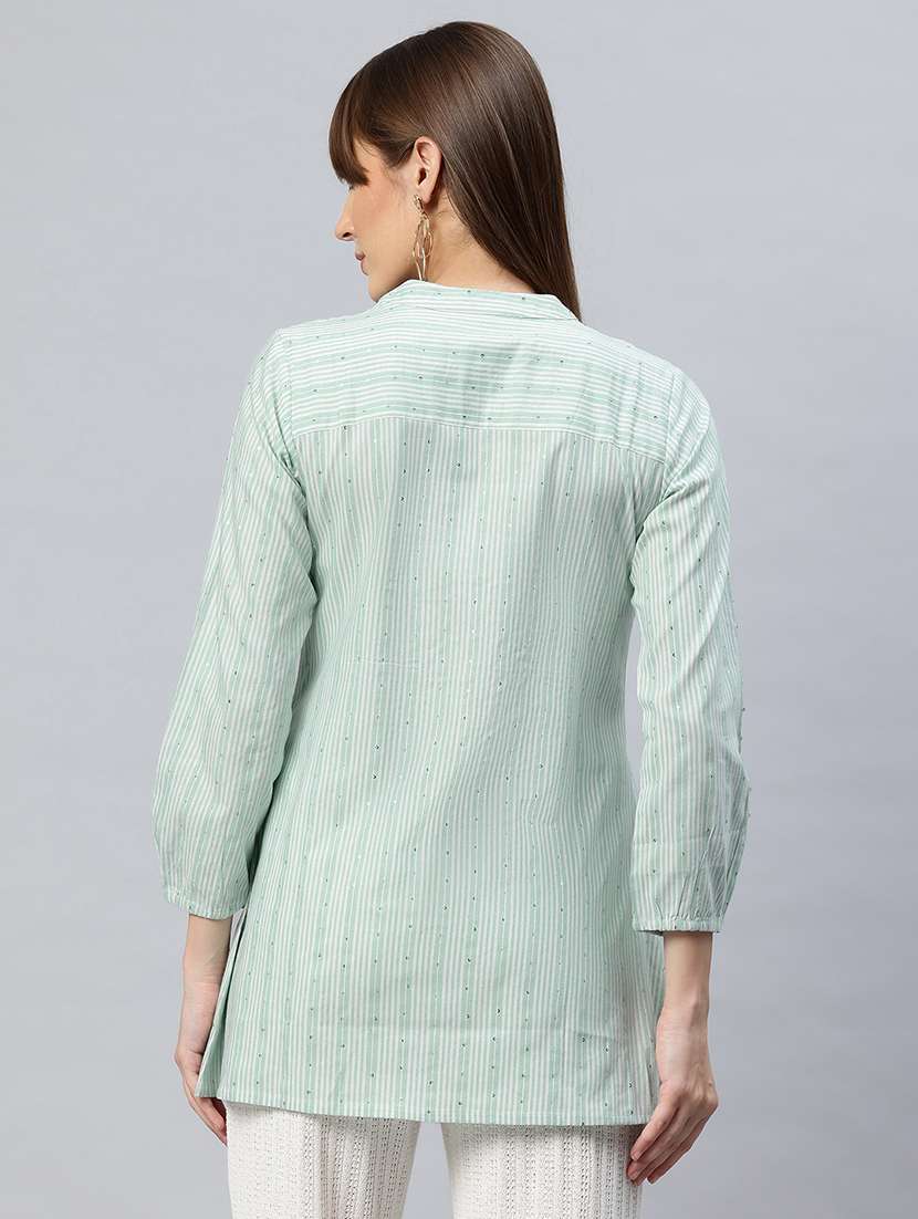 women striped mandarin neck flared kurti - 21881214 - Standard Image - 2