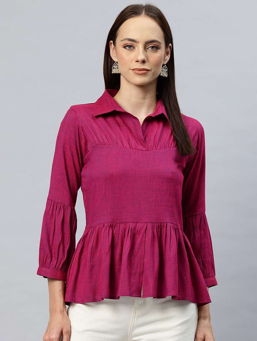 women solid puff sleeves peplum top