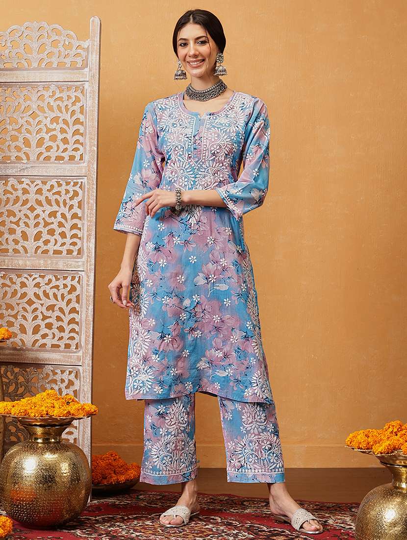 women chikankari three quarter sleeve kurta pant set