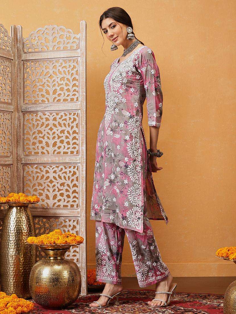 women chikankari three quarter sleeve kurta pant set - 21881222 -  Standard Image - 2