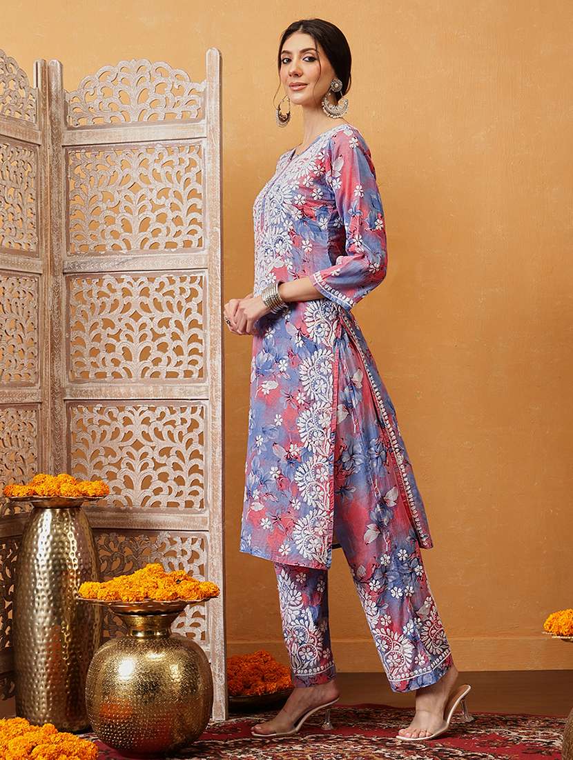 women solid with work round neck kurta set - 21881225 -  Standard Image - 2