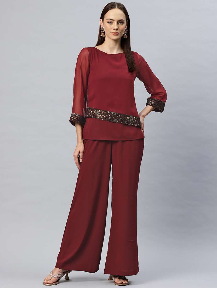 women maroon three quarter sleeve ethnic co-ord set