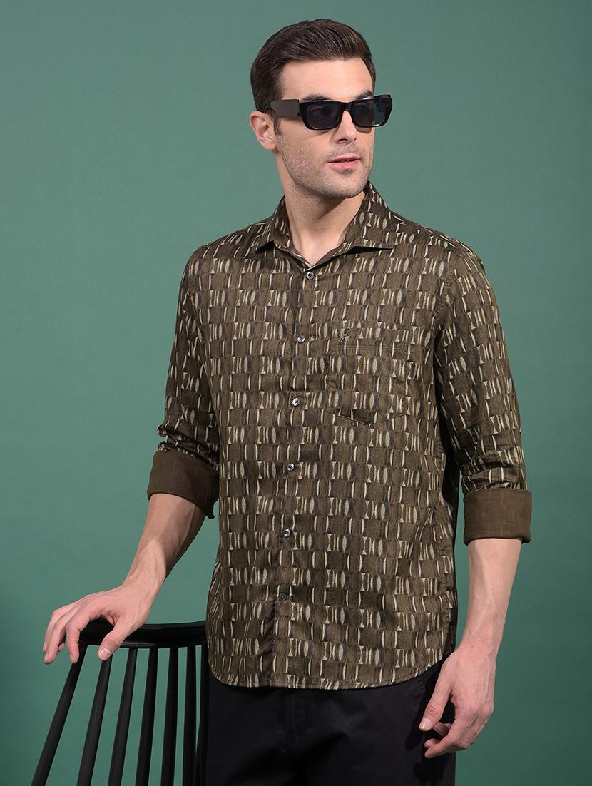 men printed long sleeve slim fit casual shirt