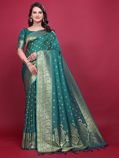 women teal self design banarasi saree with blouse - 21881498 -  Standard Image - 0