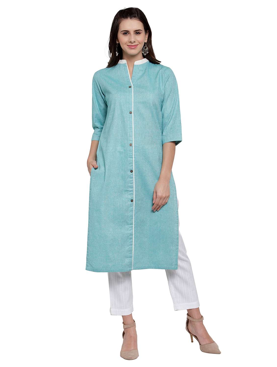 women solid three quarter sleeve straight kurta
