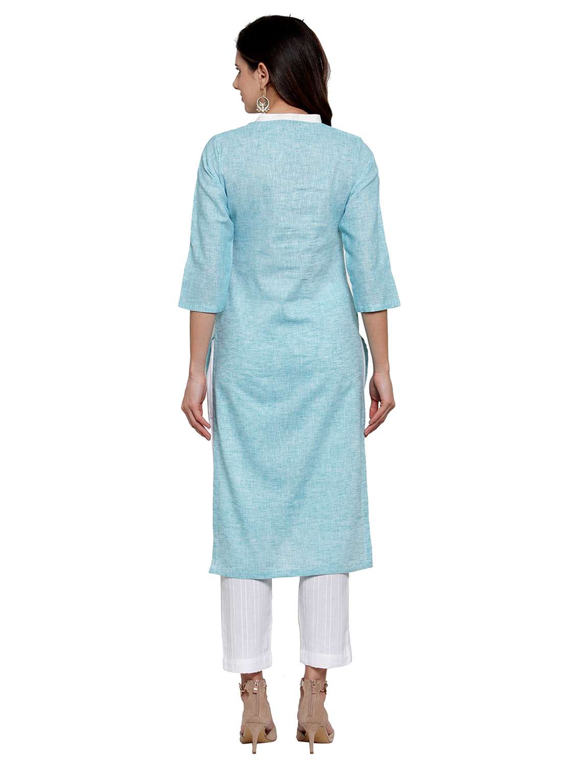women solid three quarter sleeve straight kurta - 21881539 - Standard Image - 2